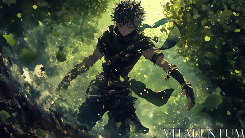 Forest rogue ignites emerald shadows in swirling lightstorm.