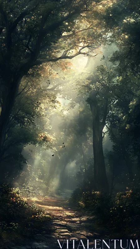 Sunlit Forest Path Through Ancient Woods.