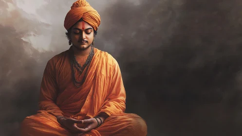 Orange robed monk in deep meditation against dark void.