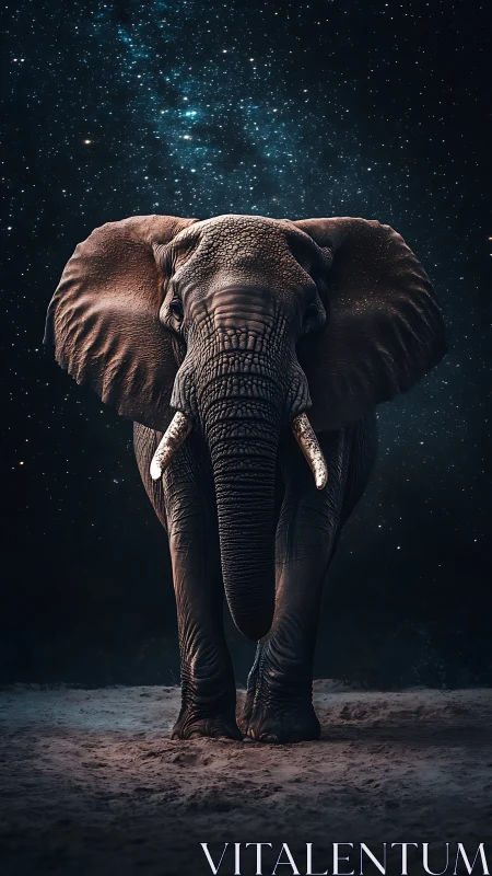 Starlit elephant strides through cosmic desert silence.