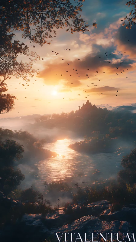 Sunlit river valley glows beneath distant hilltop fortress