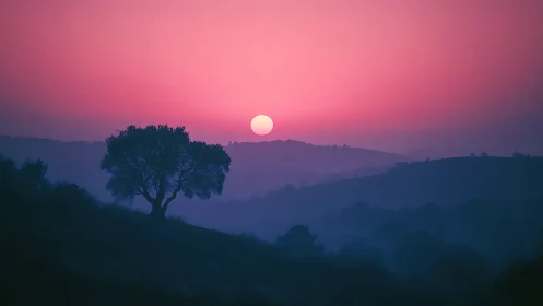 Solitary tree against pink sun over misty hills.
