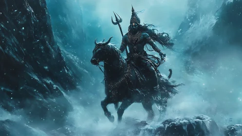 Storm-forged deity rides through spectral mountain blizzard.