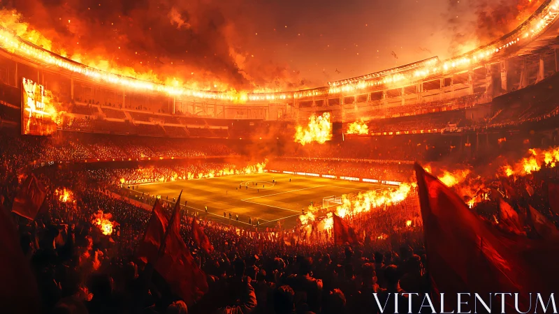 Stadium interior shows football match amid extensive fire