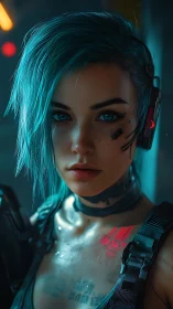 Cybernetic woman with teal hair in dim neon-lit setting.