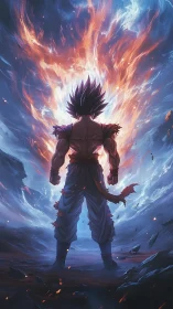 Backlit anime fighter stands before vertical flame aura