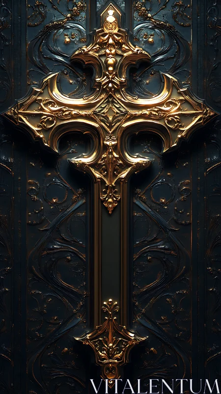 Ornate golden cross dominates dark baroque metal door