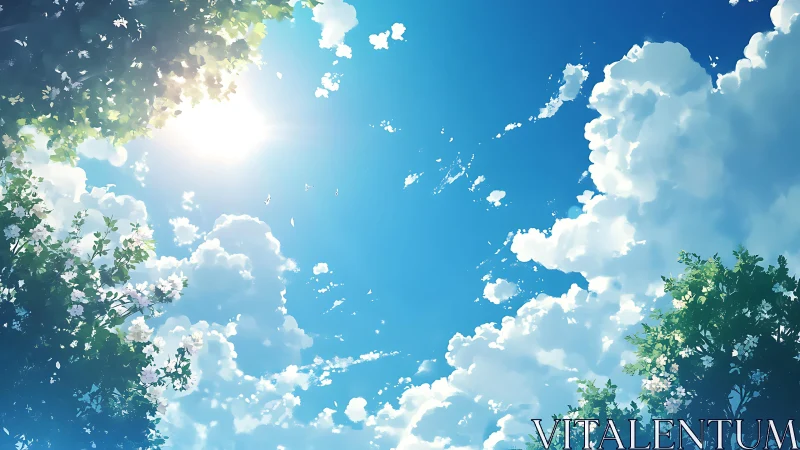 Sunlit summer sky framed by blossoming treetops.