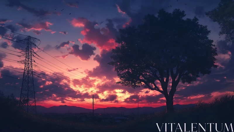 Twilight power lines whisper beneath a blazing violet sky