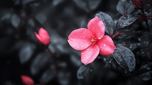 Pink camellia flower with water droplets on dark foliage background