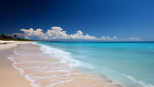 Tropical shoreline shows turquoise water, white surf and clouds