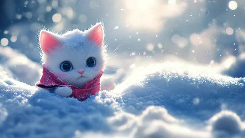 White Kitten in Winter Wonderland with Pink Scarf.