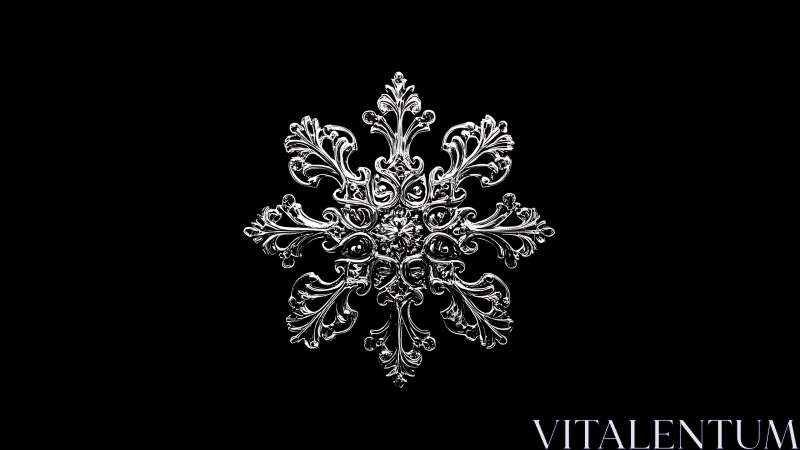 Symmetrical metallic snowflake form is centered on black