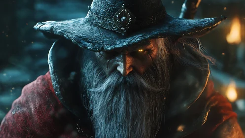 Storm-eyed elder mage in emberlit hood and battered hat.