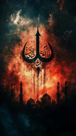 Glowing calligraphy rises above a silhouetted mosque skyline