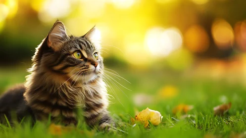 Tabby Contemplation: Feline Gaze in Golden Hour Garden.