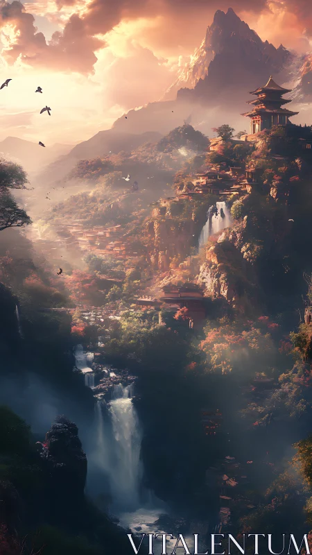 Sunlit mountain sanctuary with cascading misty waterfalls.