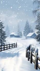 Snow-covered rural path with wooden fence and cabins.