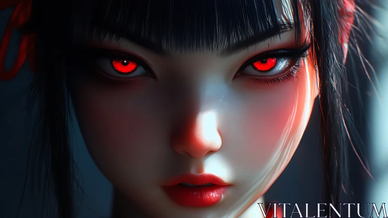 Crimson-eyed cyber muse studies the viewer without blinking