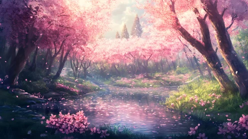 Sunlit cherry blossom river rendered as lyrical digital painting