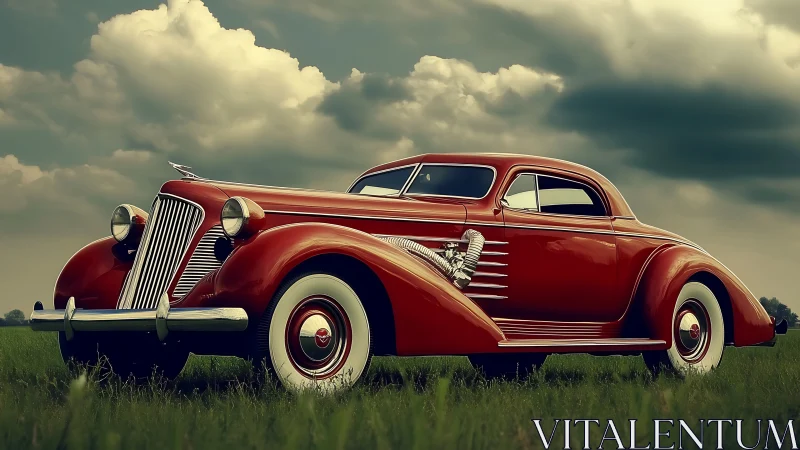 Vintage red coupe parked on grass under cloudy sky