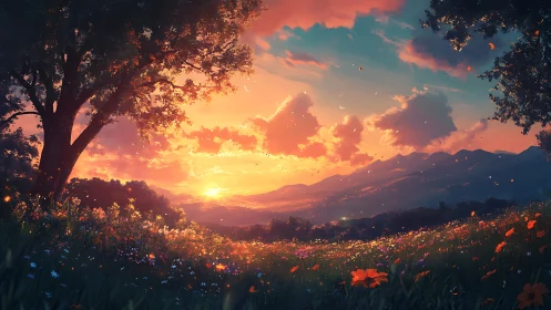 Sunset light gently wraps a wildflower meadow in soft color