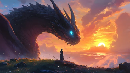 Sunset dragon gently greeting a brave lone traveler