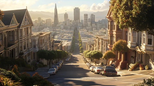 Golden hour tumbles down a San Francisco hill of stories