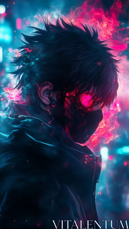Cybernetic masked figure framed by neon bokeh and plasma flame