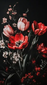 Crimson Blooms Dancing Against Darkness in Botanical Symphony