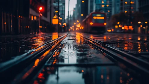 Rain-soaked city tram tracks glow under moody evening lights