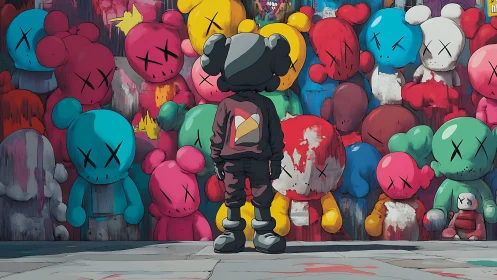 Figure observing wall of multicolored cartoon character graffiti.