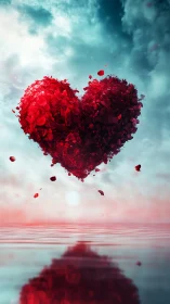 Floating Heart of Red Petals Blooms Against Dreamy Sky