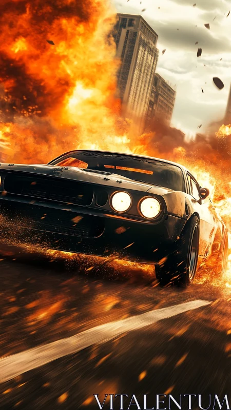 Muscle car storms fireball-filled city street escape