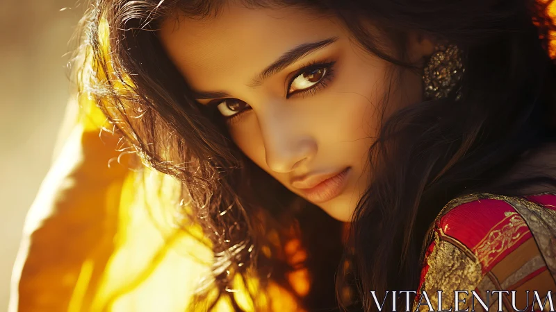 Striking portrait of woman in traditional attire with warm golden light.