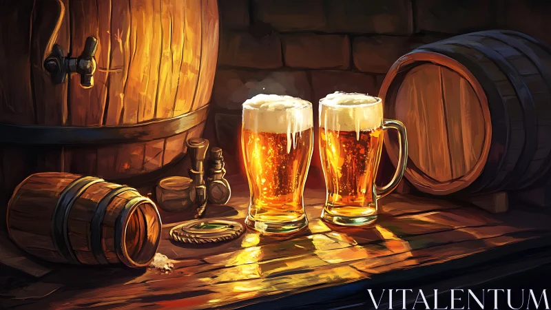 Golden ale glows warmly amid rustic wooden brewery barrels
