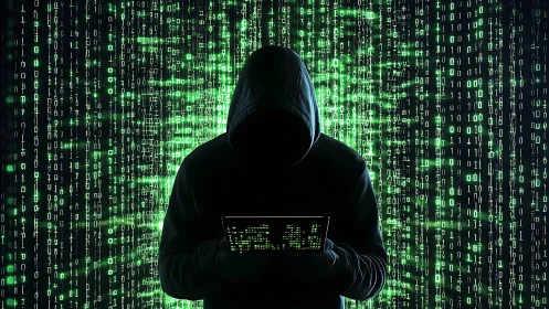 Hooded hacker silhouette with binary code background.