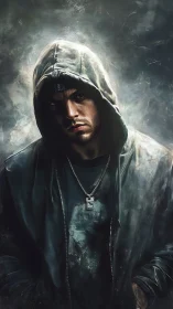 Hooded urban portrait rendered in moody digital chiaroscuro