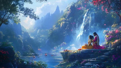 Lovers share quiet mythic dawn beside cascading dreamfalls.