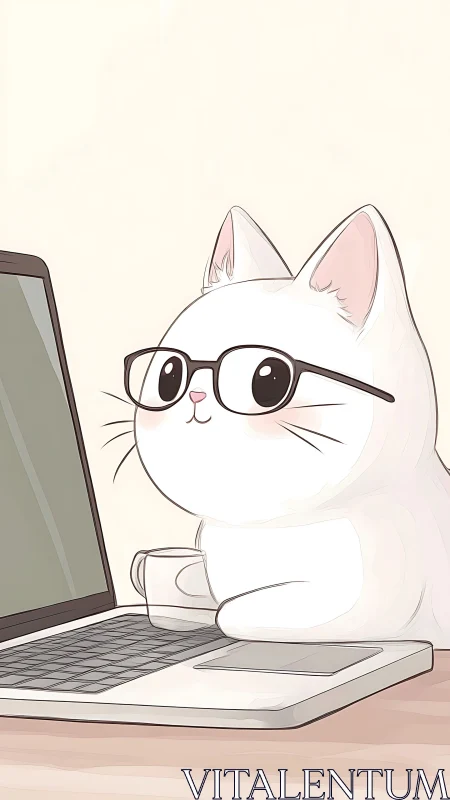 Bespectacled Cat at Workspace with Coffee and Laptop.