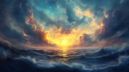 Radiant ocean sunset framed by volumetric storm clouds in motion