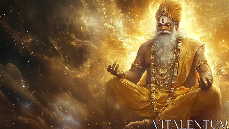 Golden robed elder in meditative seated pose amid light field.