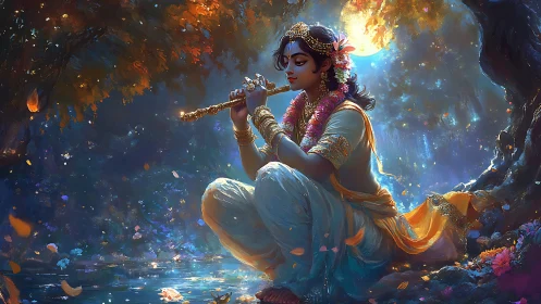 Moonlit flute player in saturated divine forest lighting study