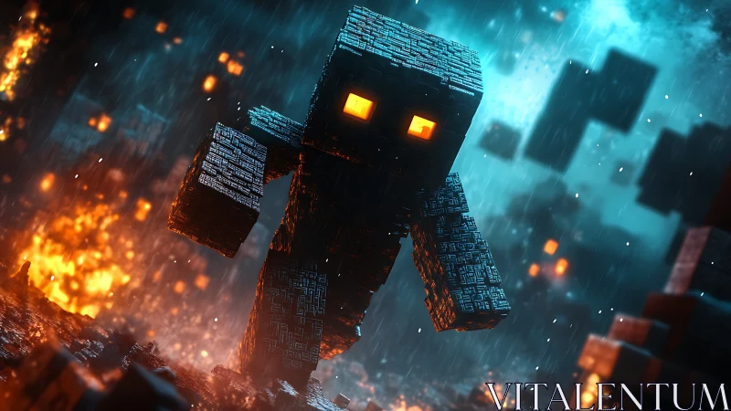 Blocky lava golem strides through rainy pixel ruins.