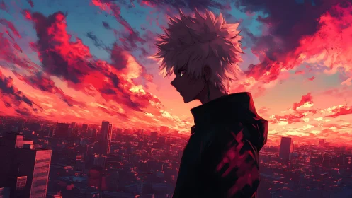 Silhouetted anime figure above city at vivid sunset sky.