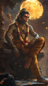 Anthropomorphic simian figure sits before full moon