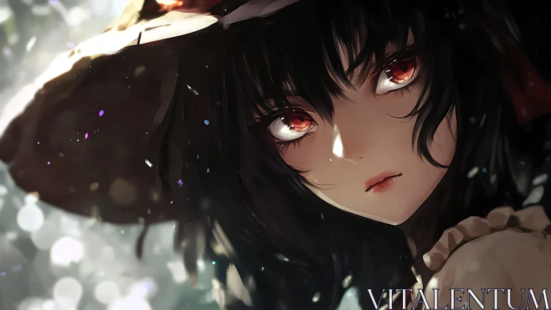 Red-eyed anime girl gazes softly through drifting light