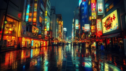 Neon-soaked Tokyo street with rain-glossed reflective pavement.