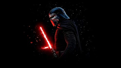 Masked warrior holds glowing red energy sword in darkness