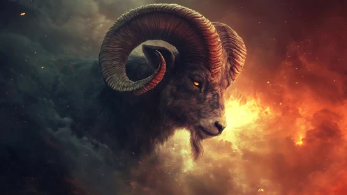 Ram head appears in dense clouds beside intense fire glow